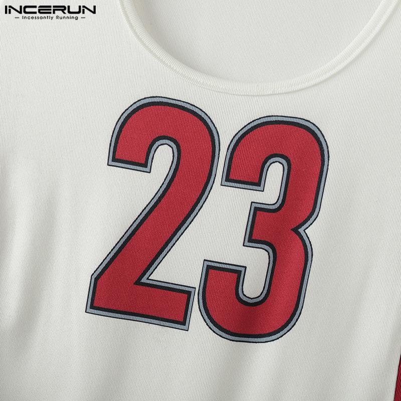 INCERUN Men Deep U Sleeveless Letter Print Fitted Playsuit Bodysuits Jumpsuits Underwear