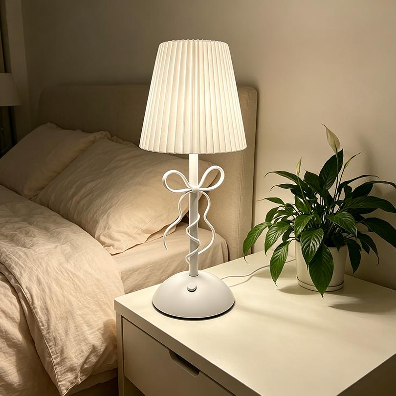 Modern Nordic LED Table Lamp with White Pleated Fabric Shade Bow Knot Design Bedside Desk Light for Bedroom Decor