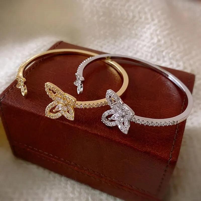 

Изысканный открытый браслет с бабочкой, модный браслет с блестящим цирконием, золотой цвет, серебряный браслет, аксессуары, подарки