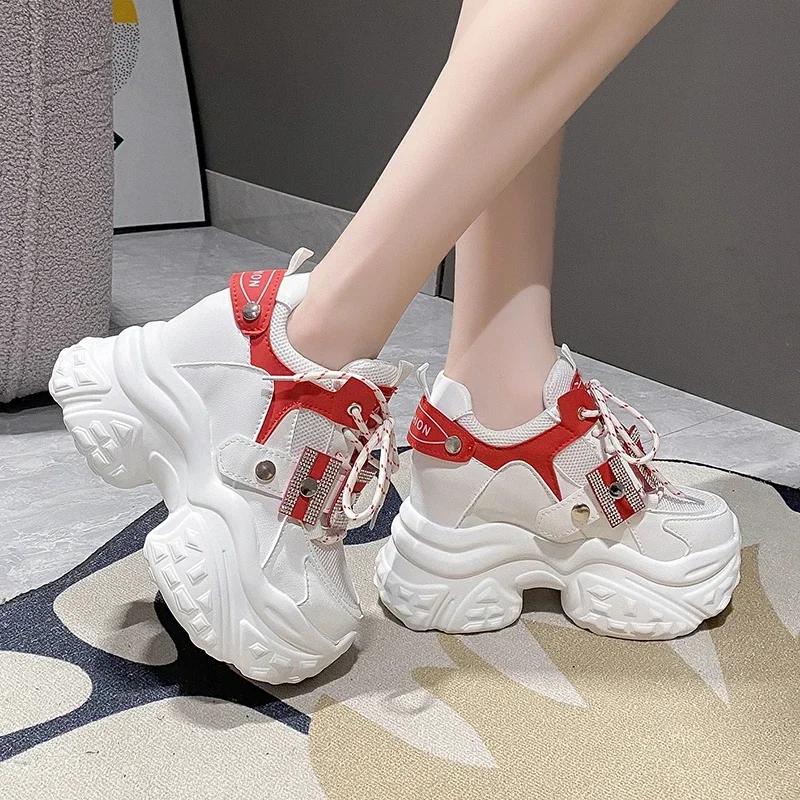 Fashion 10CM Women Platform Leather Sneakers Autumn Sports Dad Shoes High Top Chunky Casual Shoes Woman Thick Bottom Bling White Shoes
