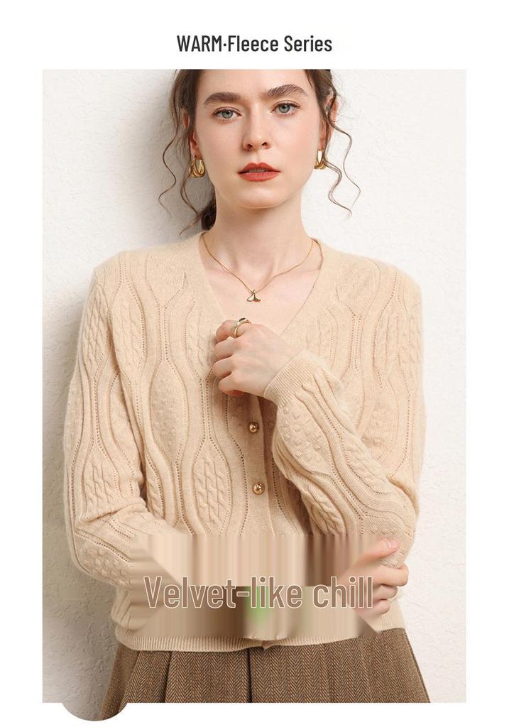 2024 Autumn/Winter Slimming V-Neck Hollow Knit Cashmere Cardigan