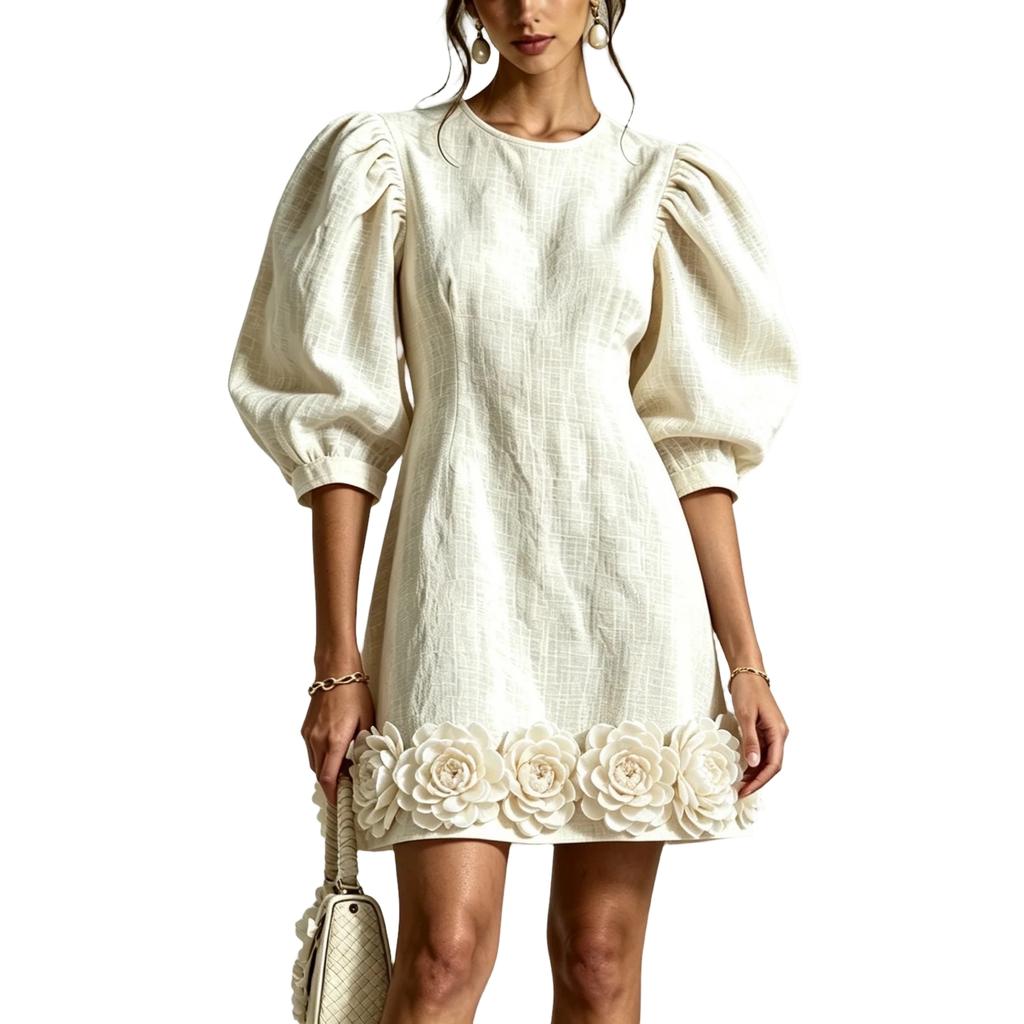Women's Puff Sleeve Color Dress with 3D Floral Embellishment
