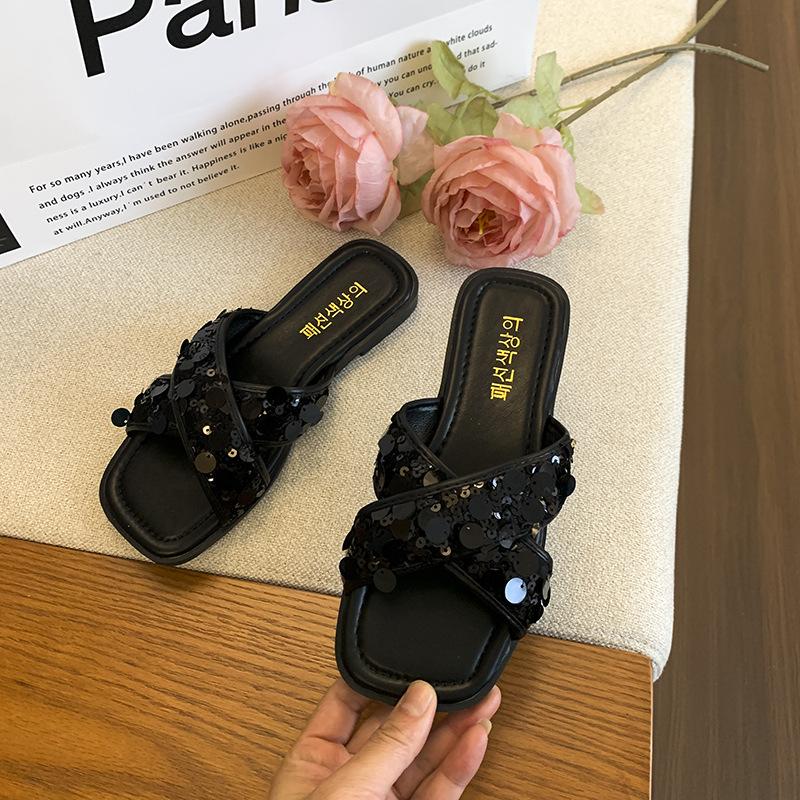 French sequined cross-strapped cool slippers 2025 summer new outer wear flat-bottomed casual high-end one-pedal slippers