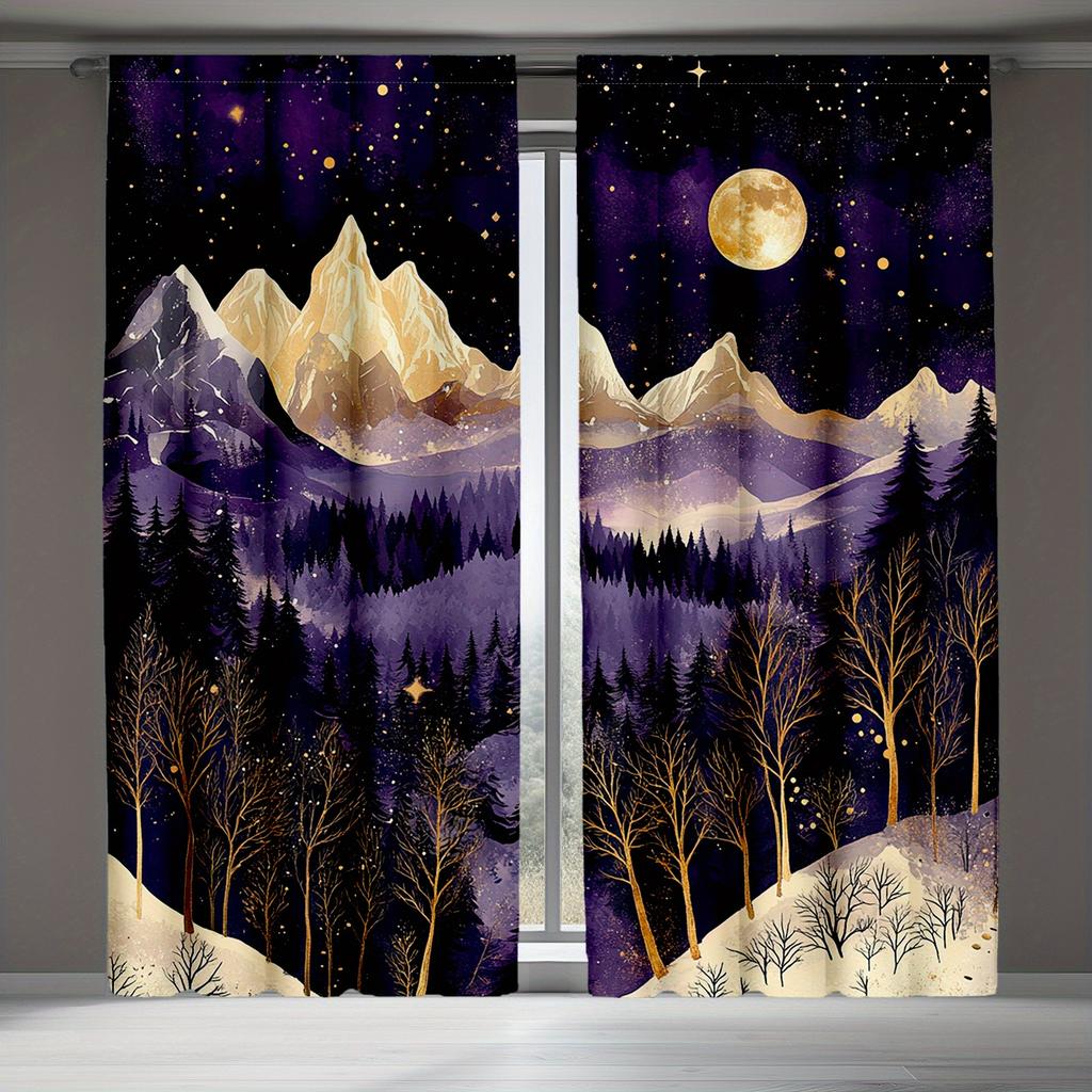 2pcs Modern Abstract Mountain Curtains, Moon and Stars Night Sky for Bedroom and Living Room Decorative curtains