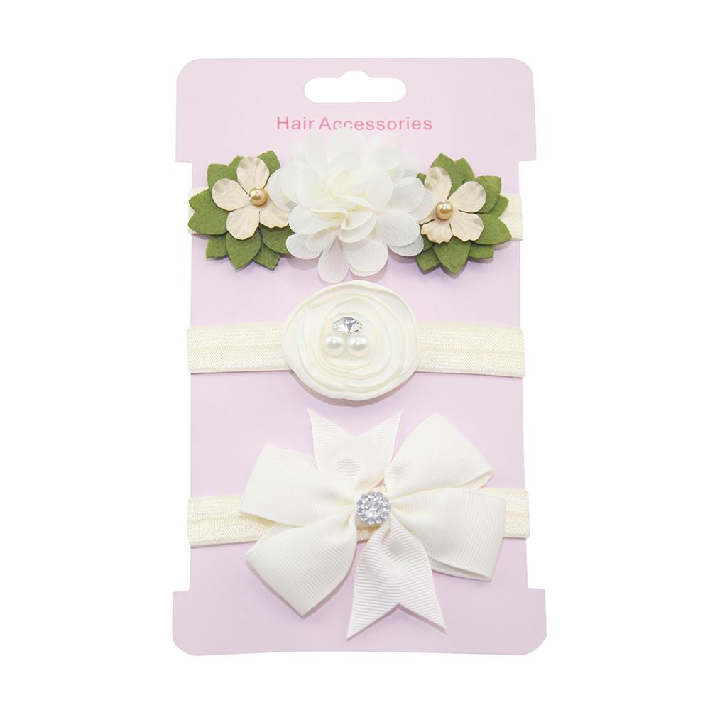 3Pcs Kids Elastic Floral Headband Pearl Hair Girls baby Bowknot Hairband Set