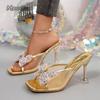 Fashion Luxury Gold Glitter Bowknot Decoration Slippers Women Mesh Strap Sandals Women 2025 Summer Sexy High Heels Party Dress Shoes