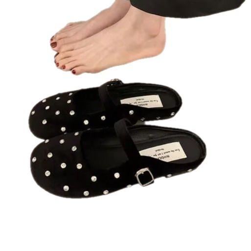 Retro Red Rhinestone Round Head Shallow Mouth Single Shoes Women's 2025 French Temperament Ballet Flat Mary Jane Shoes Half Drag