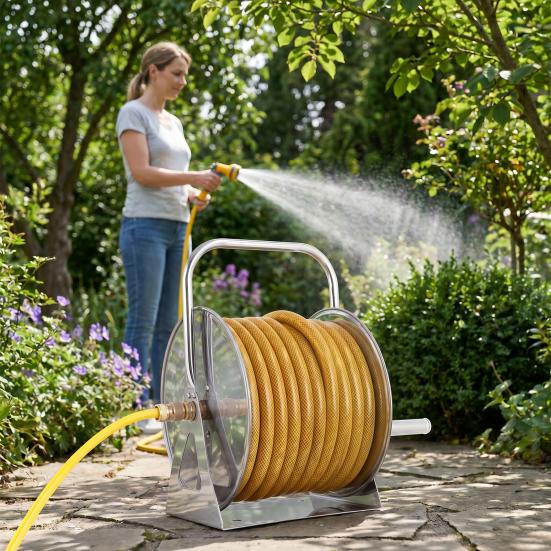 Water Hose Reel Stainless Steel Garden with 6.5ft Leader Pipe, Wall/Floor Mounted Metal Wall Mount Crank Handle, Holds 5/8" X 75ft or 1/2" 130ft