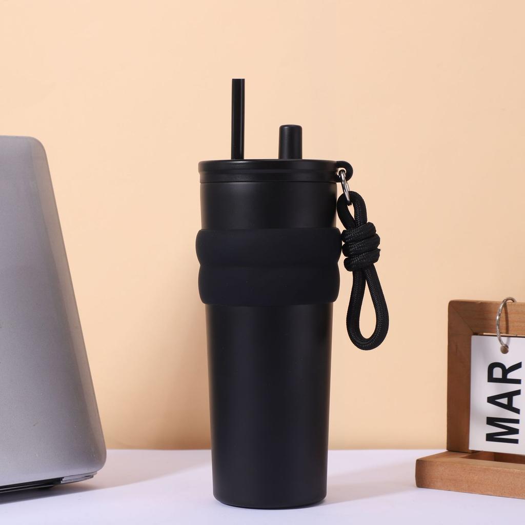 Large capacity simple 111 stainless steel thermos cup men's and women's fashion with rope straw cup portable car cup