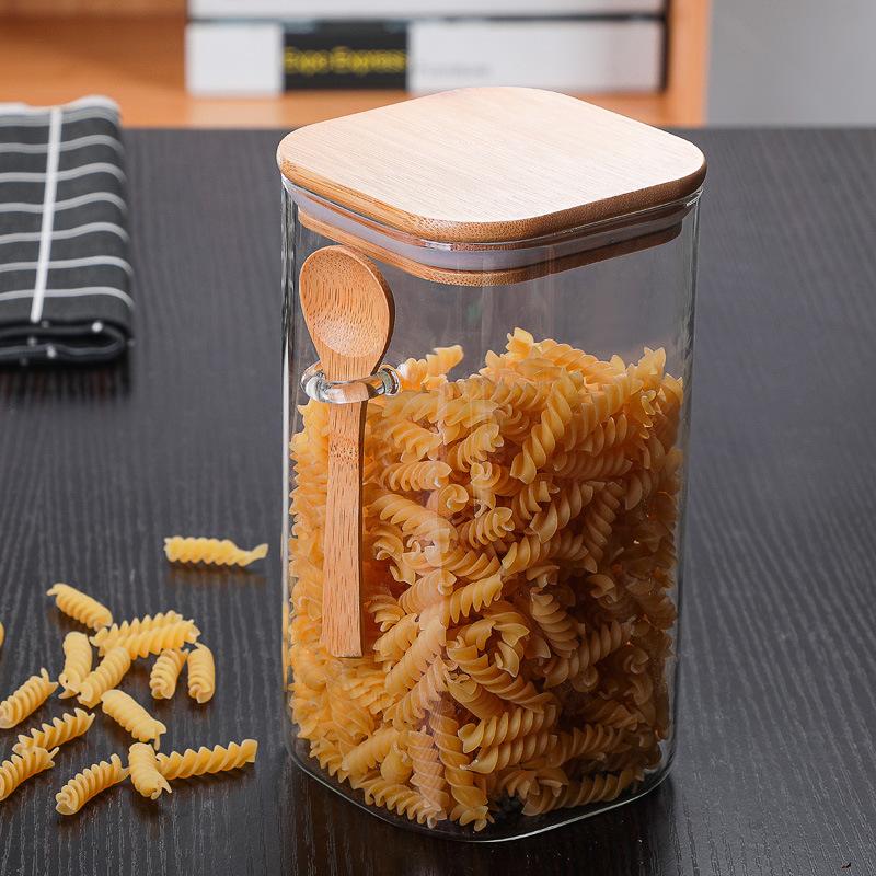 Square transparent glass sealed jar with wooden spoon seasoning box food storage tank coffee bean storage tank tea jar