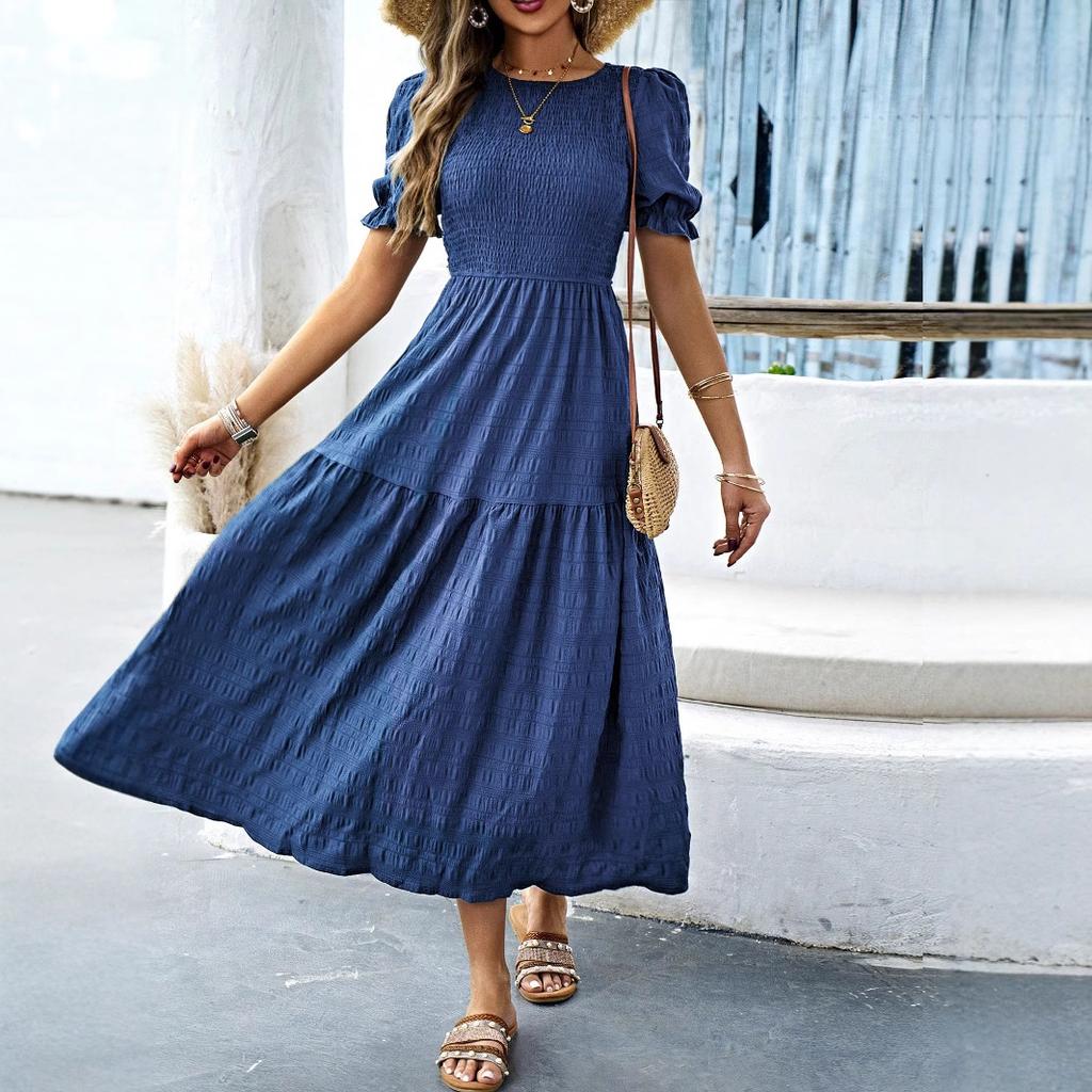 Casual Vacation Style Lotus Leaf Sleeve Cinched Waist Women's Long Dress 2025
