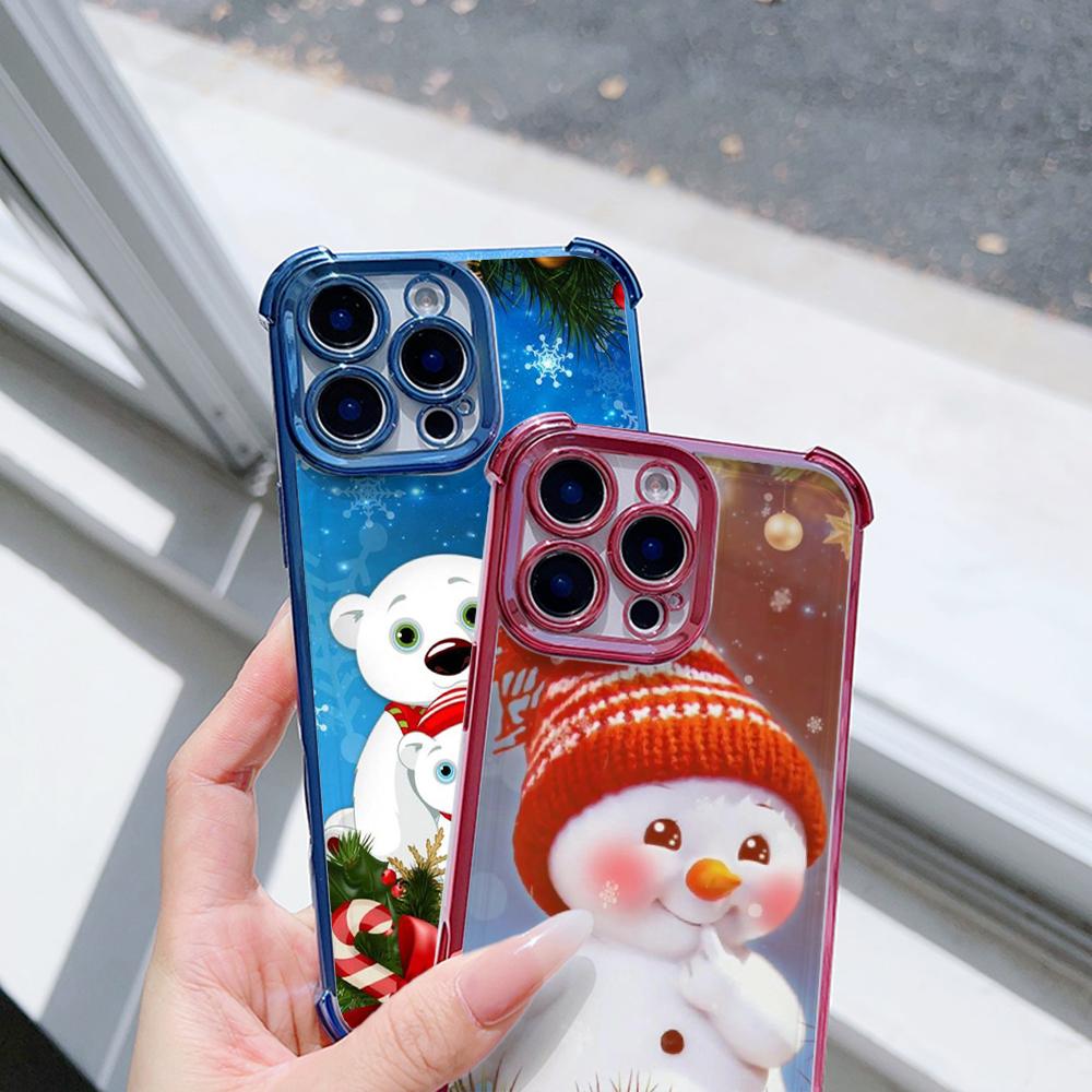 Ae110 Merry Christmas Electroplated TPU Phone Cases for iPhone 16 15 13 11 Pro Max 14 Plus 12 XR Infinix Smart 8 Tecno Four Corner Protection Cover
