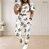 Women Plus Size White Printed Round Neck Short Sleeve Top Drawstring Cuffed Pants Two Piece Set