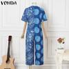 VONDA Oversized Women O-Neck Short Sleeve Stitching Print Casual Long Jumpsuits Rompers