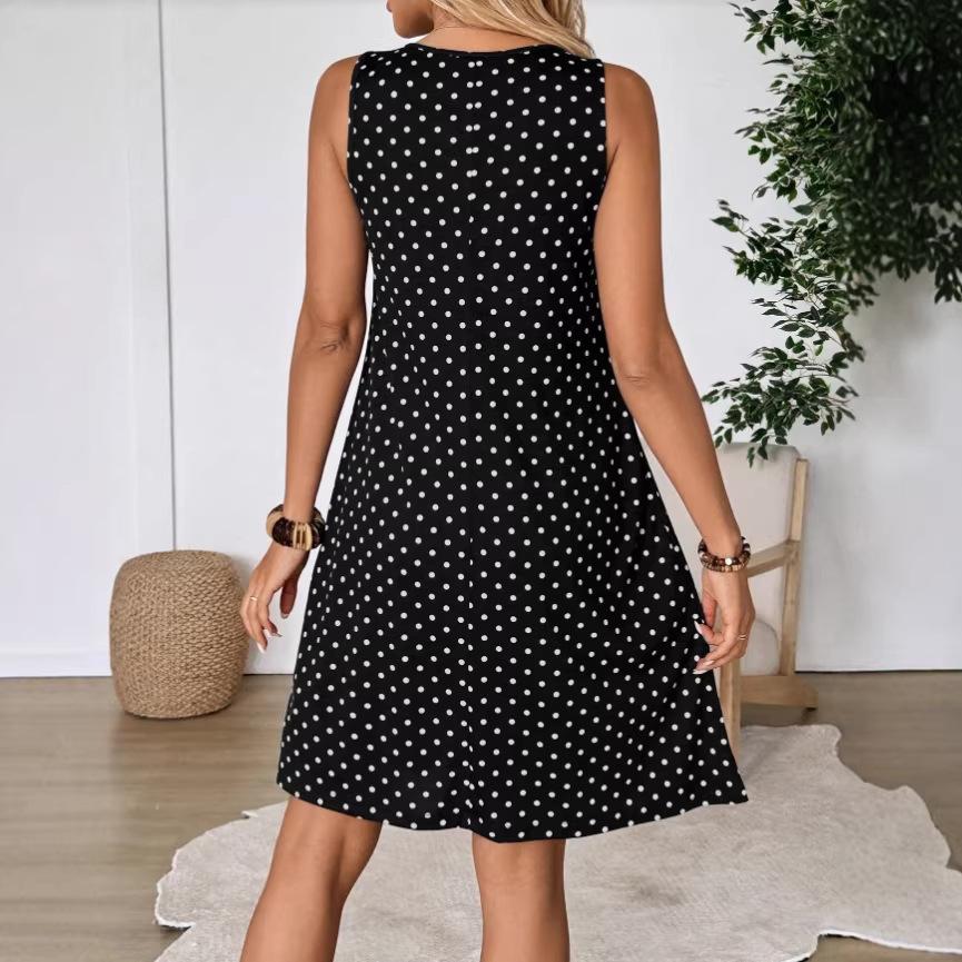 Women's Sleeveless Polka Dot Dress Round Neck Loose A-Line Casual Midi Tank Dress For Daily Beach Wear
