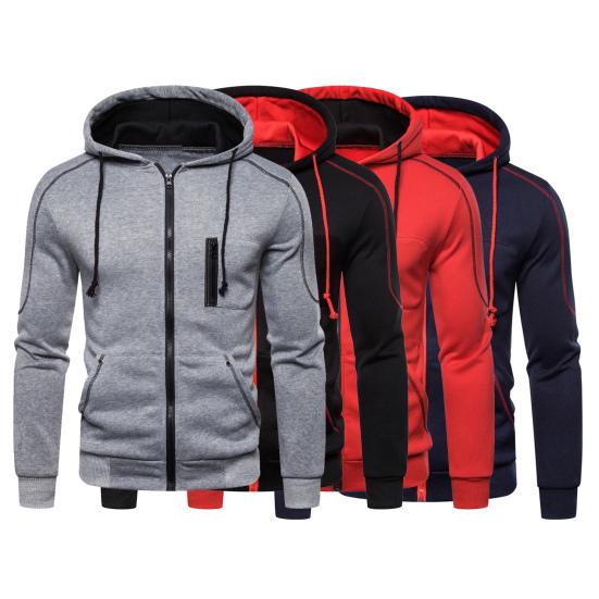 Contrast Colors Hoodie Coat Cardigan Thick Casual Long Sleeve Zipper Men Coat for Daily Wear