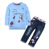 Girls Spring Autumn Long Sleeve Printed Sweatshirt and Denim Pants Set