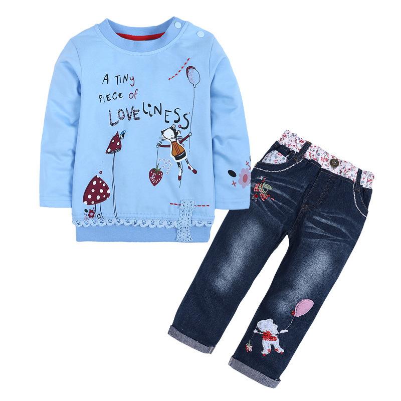 Girls Spring Autumn Long Sleeve Printed Sweatshirt and Denim Pants Set