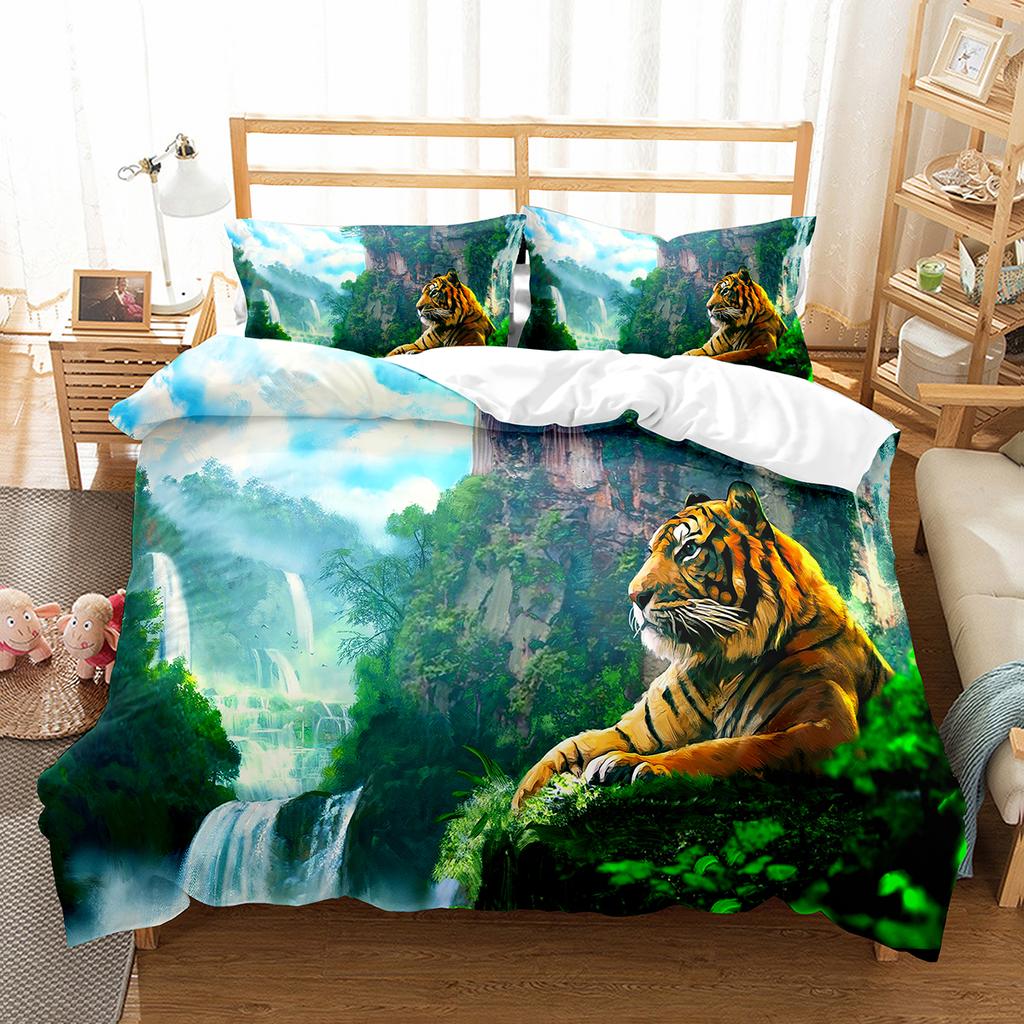 Tiger Duvet Cover Set Purple Flower Comforter Cover Boys African Safari Wild Animals Big Cat Queen King Polyester Quilt Cover