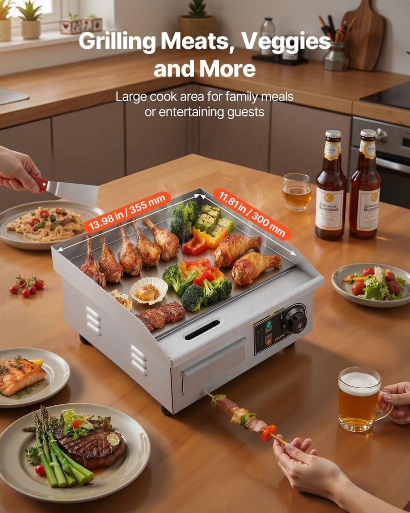 Commercial Electric Griddle, 355 x 300 mm, 2000W, 50-300°C Adjustable Temp Control, Stainless Steel Countertop Full Flat Top Grill with 2 Spatulas and