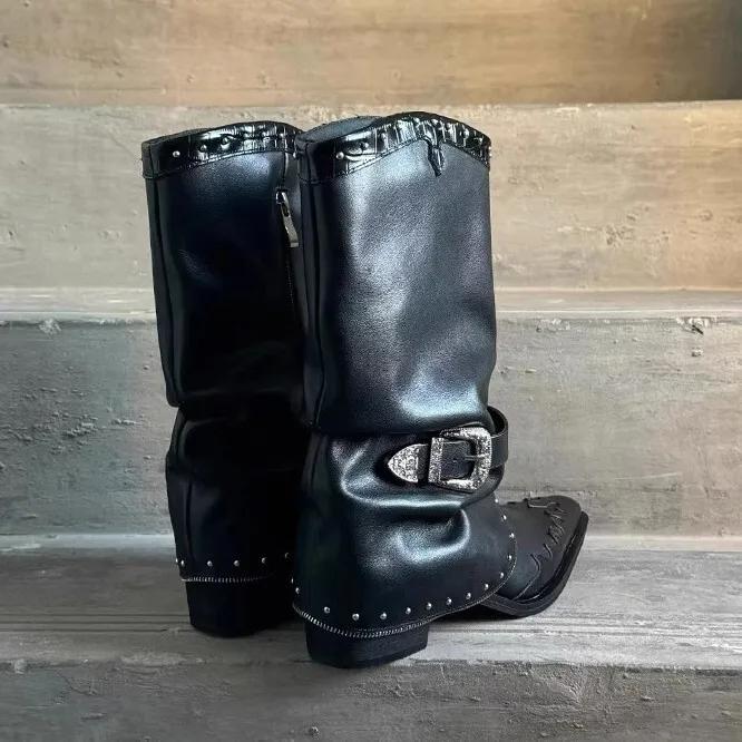 Women Ankle Boots Pointed Toe Real Leather Horse Shoe Heel Short Boots Woman Rivet Buckle Luxury Shoes Ladeis Party