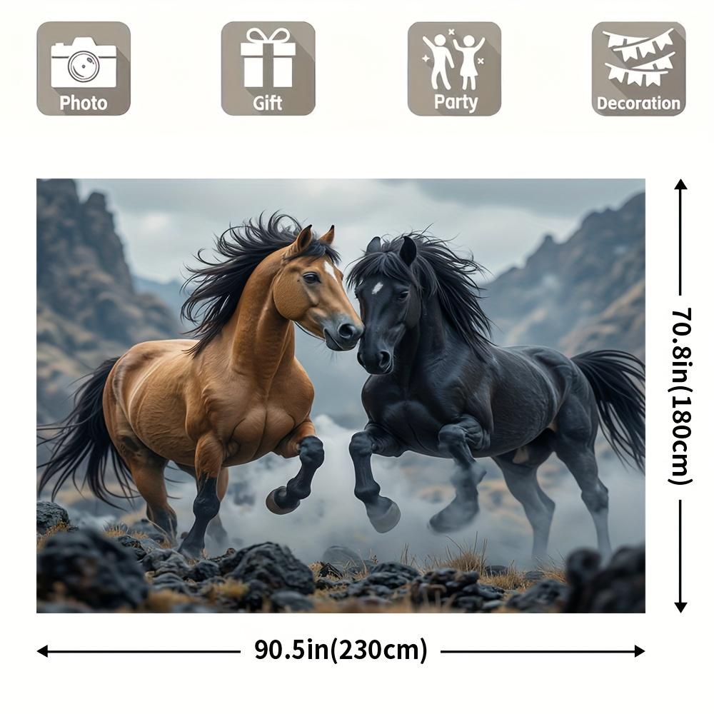 Realistic Two Horses Tapestry Wall Hanging, Black And Bay Stallions Running, Mountain Landscape Animal Wall Art For Living Room