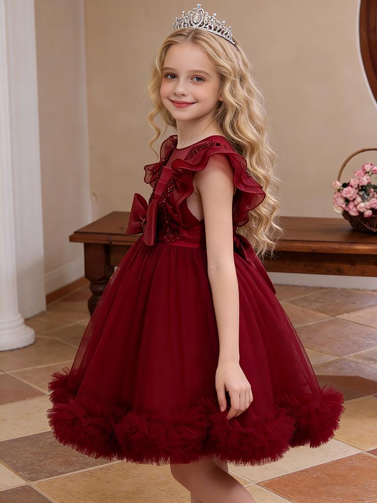 New Kids Net Lace Princess Dress with Frills, Large Size Girls' Birthday Outfit