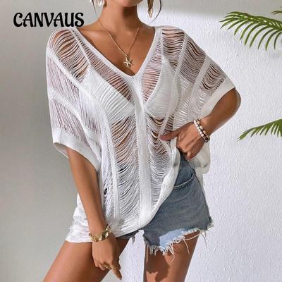 Grande Taille Femme Été Couleur Unie Sexy Tricoté Plage Col V Creux Smock Bikini