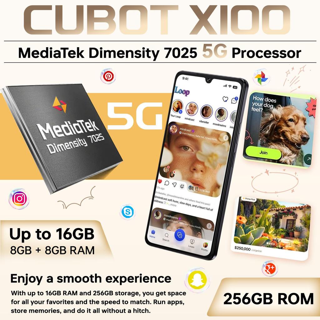 CUBOT X100 Smartphone 5G Android 15, 6.88'' HD+ 120Hz, 16GB+256GB, MTK 7025, 64MP+16MP, 5100mAh/33W, 1.72" Rear Display, 5G Dual SIM/NFC/Dual Speakers