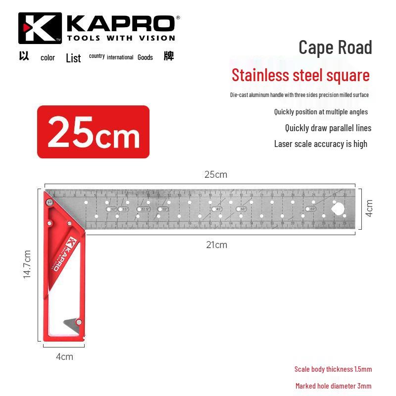 Cape Road 353 Acier Inoxydable Angle Droit 45°/90° Règle de Traçage et de Marquage pour le Travail du Bois