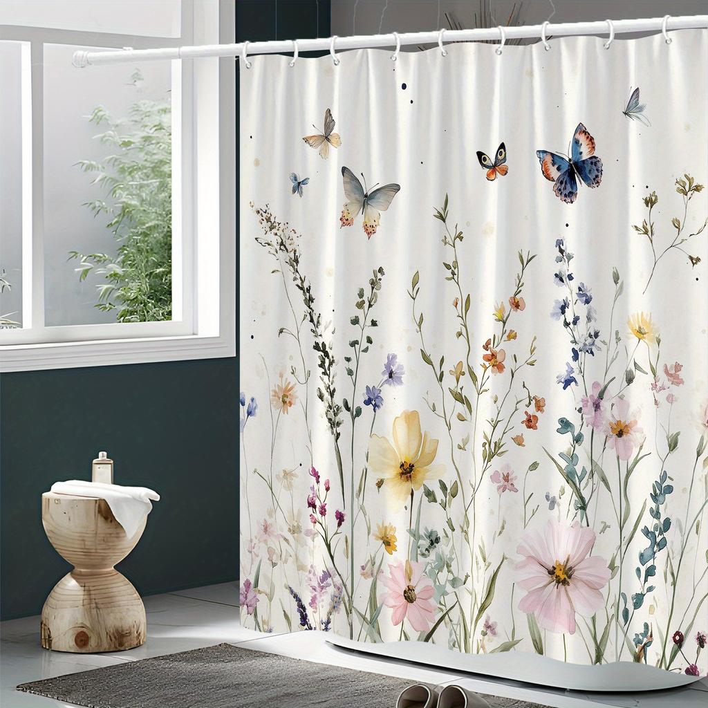 Floral Meadow Shower Curtain with Butterflies - Watercolor Polyester, 70.8x70.8In,  Fashion Bath Decor, Includes 12 Hooks