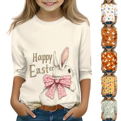Children's 3/4 Sleeve Tops Casual Print T Shirt Round Neck Pullover Blouse