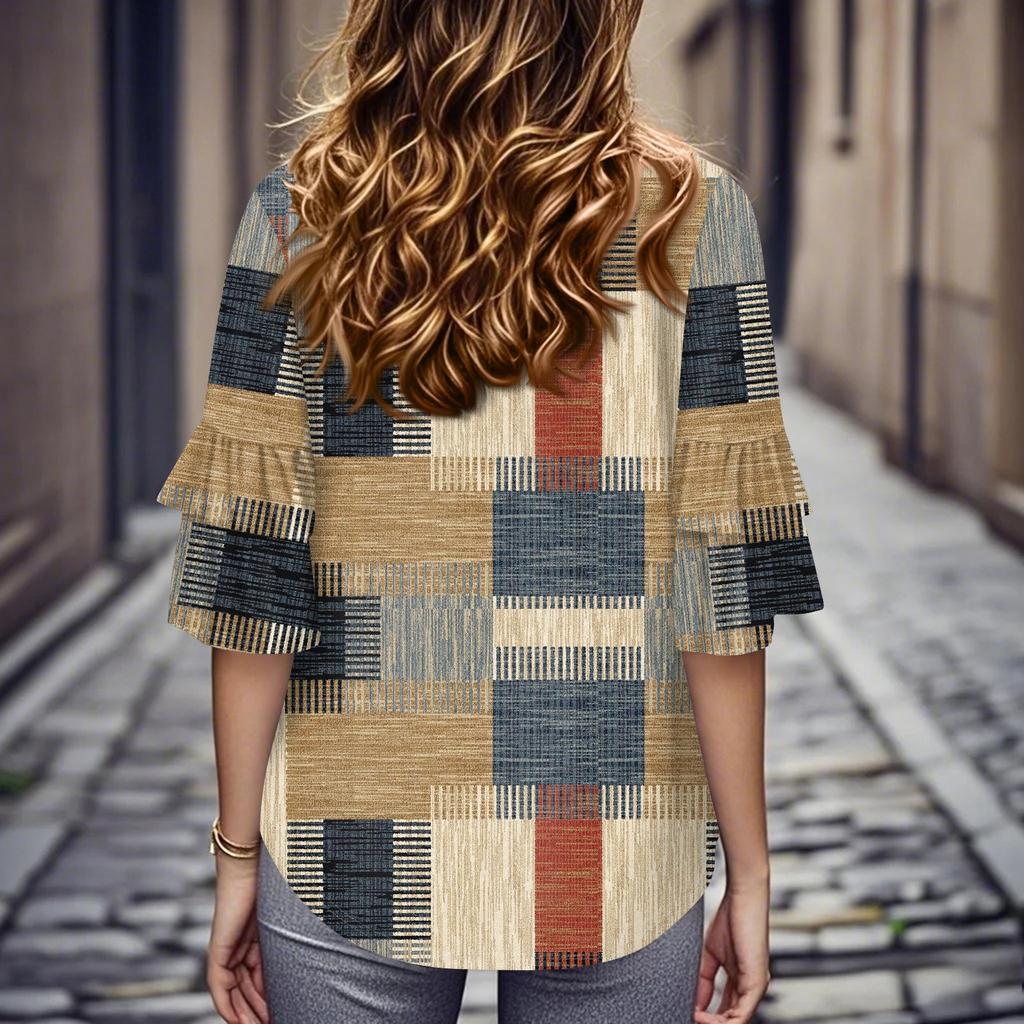 3/4 Length Sleeve Womens Tops Dressy Casual Blouses Bell Ruffle Sleeve Loose Fit Tunic Tops V Neck T Shirts