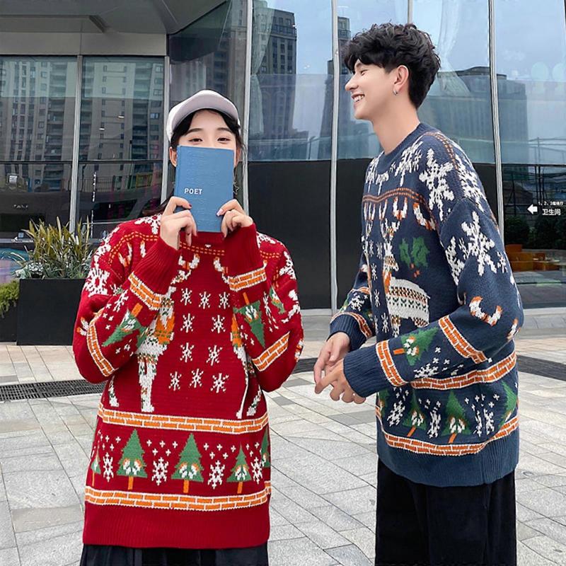 Christmas Couple Sweater Christmas Sweater Christmas Jumper Christmas Turtleneck Sweater Warm Pullover Sweaters  Blue XL