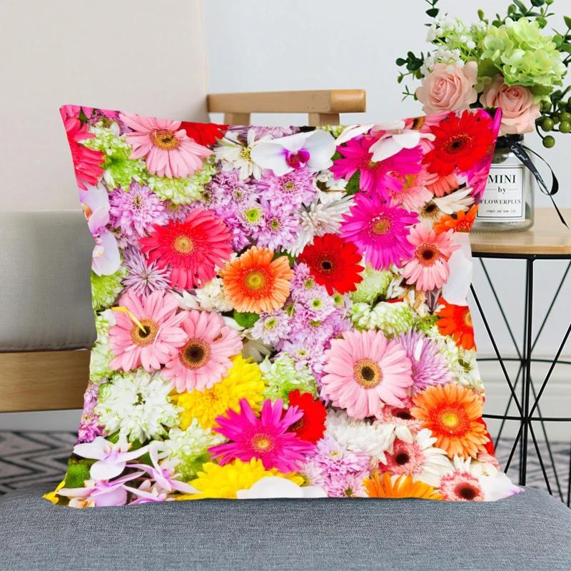 Neuankunft Gerbera Blumenkissenbezug Schlafzimmer Home Office Dekorative Kissenhülle Quadratisch Reißverschluss Kissenbezüge Satin Weich Kein Ausbleichen