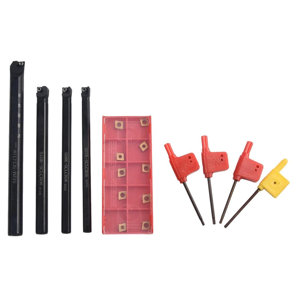4Pcs Lathe Boring Bar Turning Tool Set S07K/S08K/S10K/S12M-SCLCR06 & T8 Wrenches