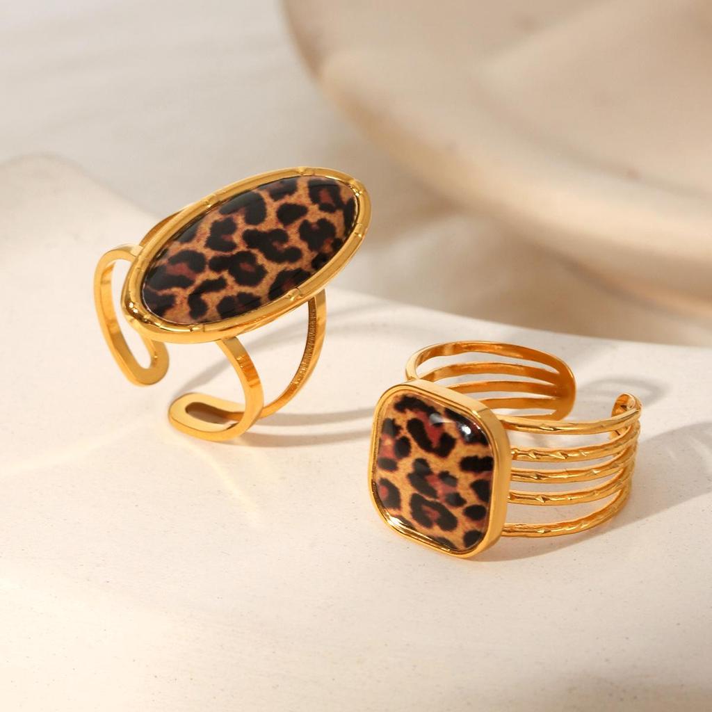 Trendy Leopard Print Stainless Steel Adjustable Ring for Women - 18k Gold Plated Titanium Fashion Jewelry Ring