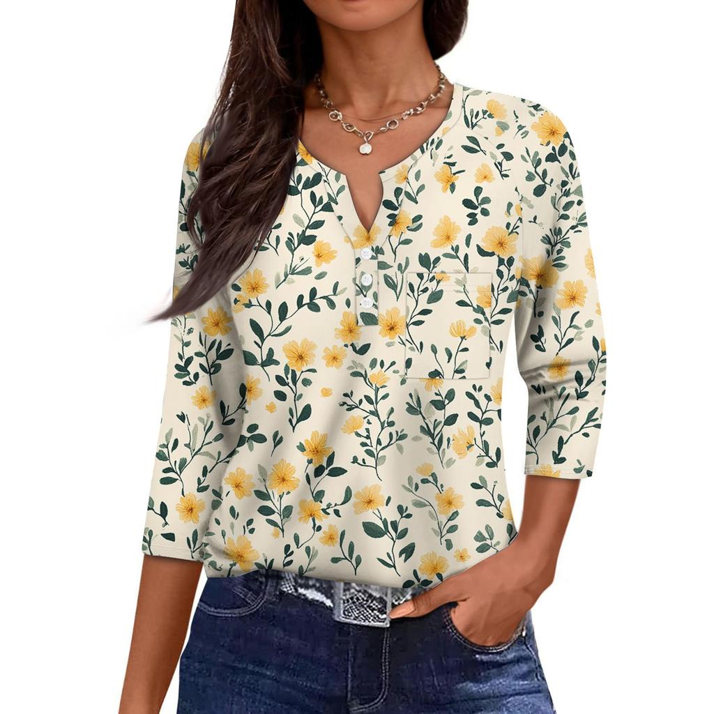 Damska Codzienna Modna Dekolt V Luźna Wszechstronna Kwiatowy Wzór Rękawy Trzyczwarte