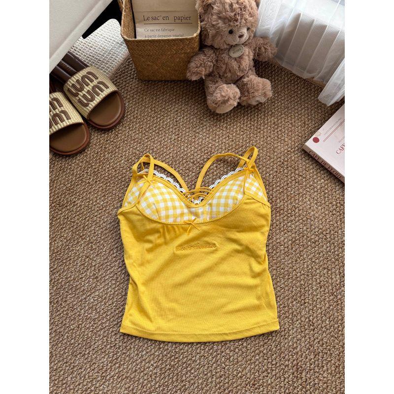 Kumikumi Pure Desire Style Design Sense Fake Two Pieces All-Match Cami Women Summer Letters Print Sexy Top