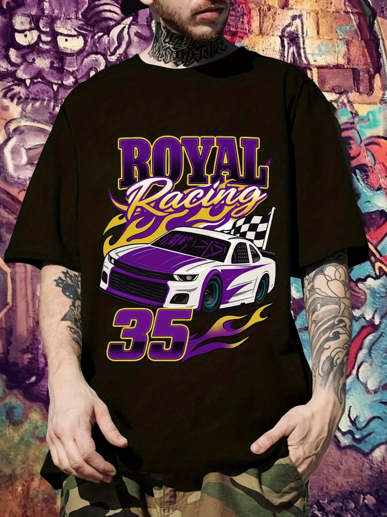 Royal Racing Graphic T-shirt - Casual Short Sleeve Crew Neck Tee with Vibrant Purple Car Design M