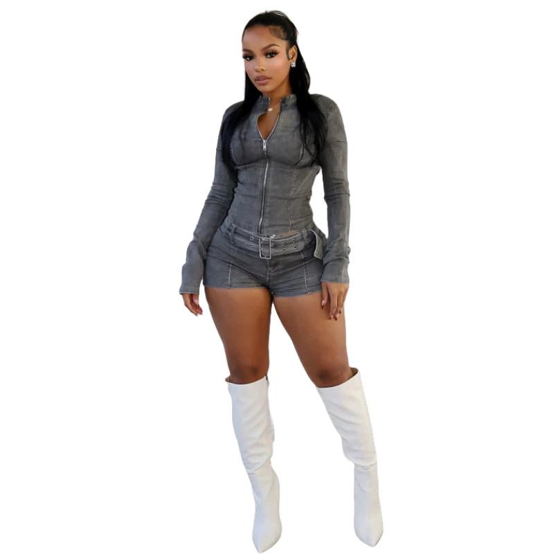 Spring and Summer Women's Denim Shorts Suit Long-sleeved Stretch Shorts Suit