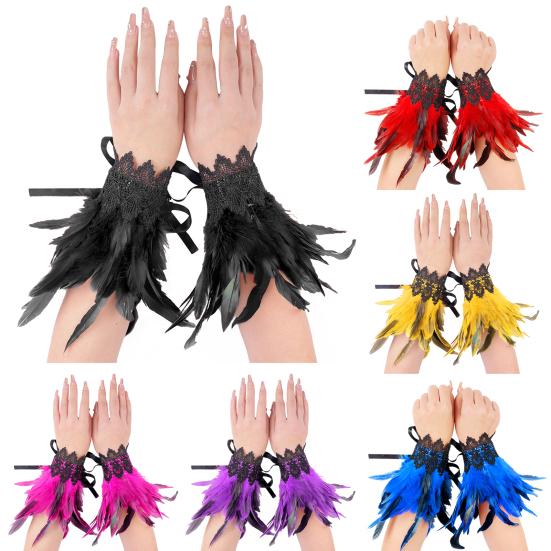 1 Pair Gothic Feather Wrist Cuff Gloves Feather Lace-Up Ribbons Halloween Party