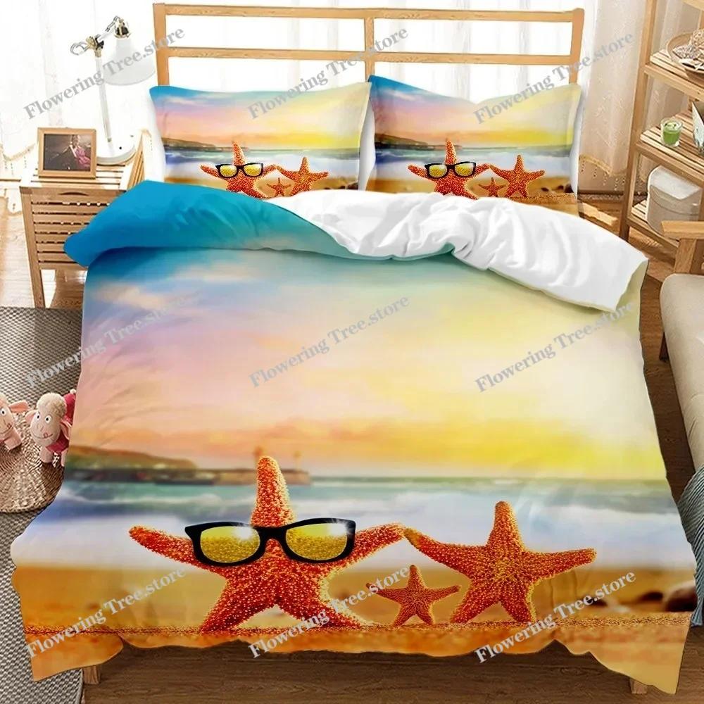 Beach Themed Bedding Set Blue Ocean Duvet Cover Set Starfish Coastal Bedding Beach QueenKingFull Polyester Comforter Cover