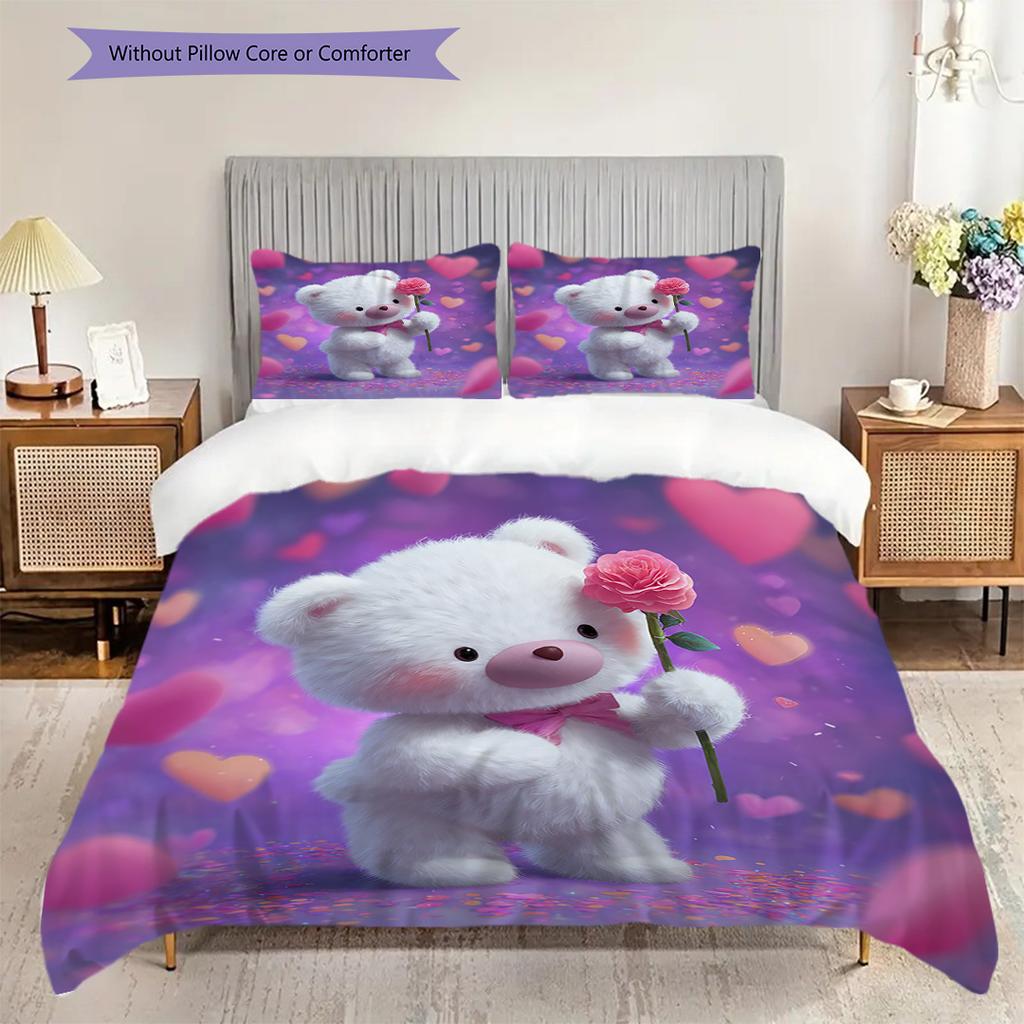 Bear Doll Pattern Bedding Quilt Set Quilt Cover Pillowcase Home Decoration Birthday Gift (1 * Duvet Cover + 2 * Pillowcase, Without Core)