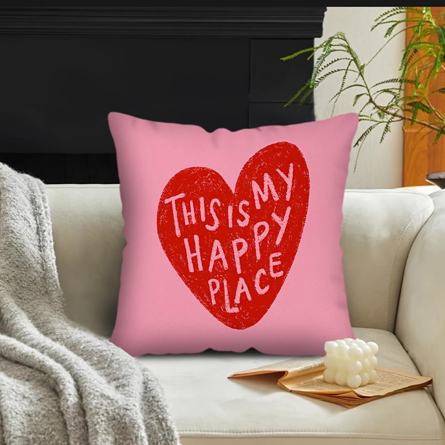 1pc "This Is My Happy Place" Heart Print Throw Pillow Cover - Cute Heart with Smiling Face & 'XOXO' Suitable for All Rooms, Bed, Couch