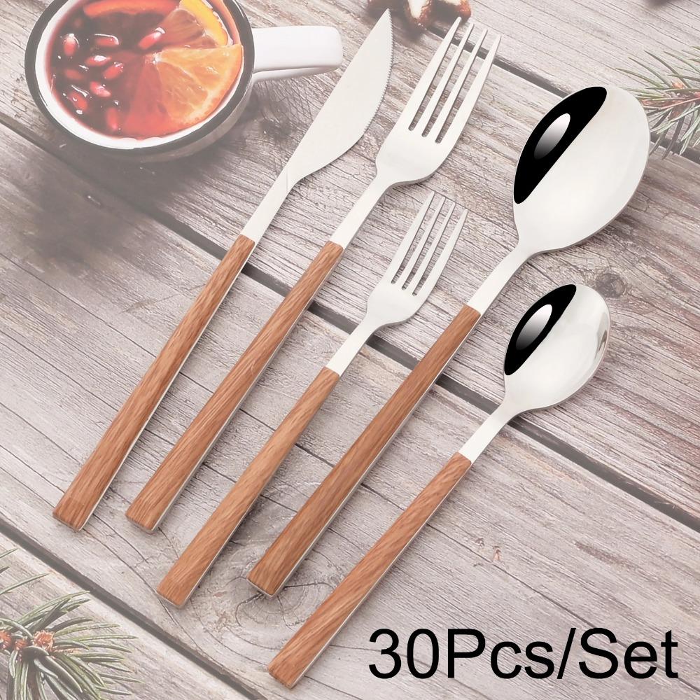 24/30Pcs Knife Forks Dessert Spoon Cutlery Set White Wood Handle Dinnerware Set Steak Stainless Steel Tableware Kitchen Flatware