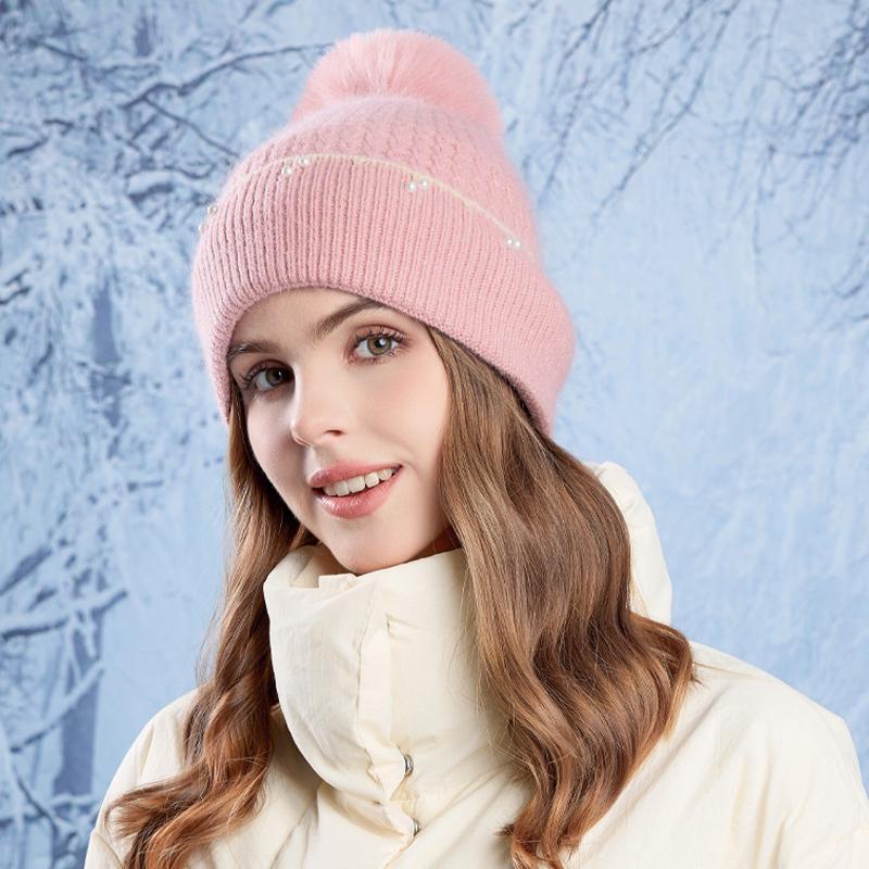 Winter Fur Ball Pearl Pullover Cap Women Outdoor Coldproof Hat Velvet Warm Ear Protection Knitted Wool Cap