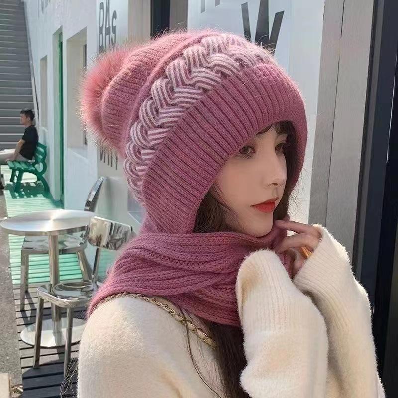 Winter Hat Women's Scarf Earmuffs Fashion Wind and Snow Scarf Integrated Hat Wool Knitted Cover Hat Thermal Ear Protection Hat