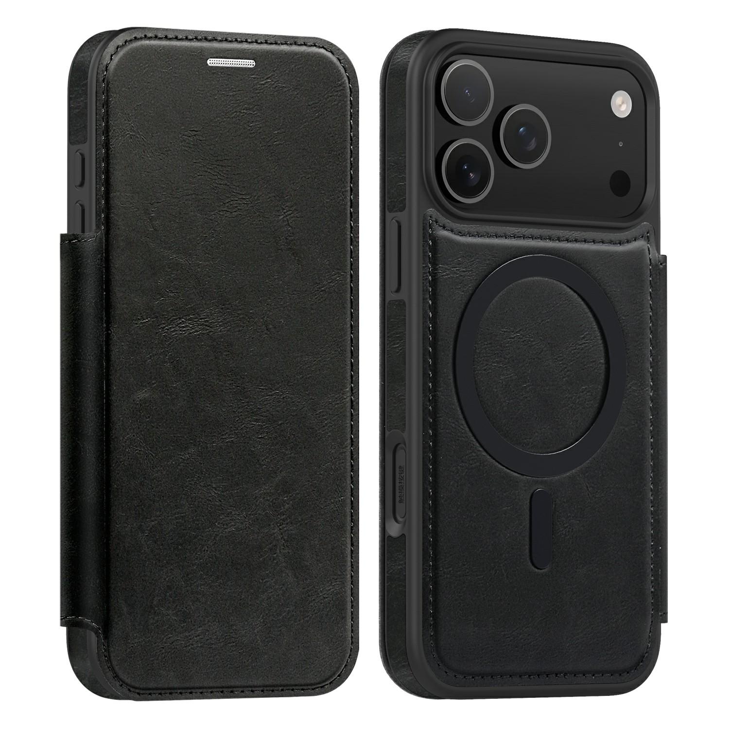 

For iPhone 17 Pro Max Case Compatible with MagSafe RFID Blocking Card Holder Leather Phone Cover Black