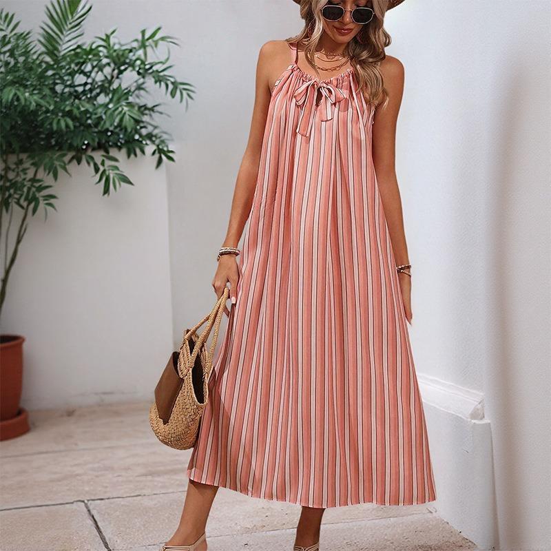 Elegant suspender bow striped loose dress